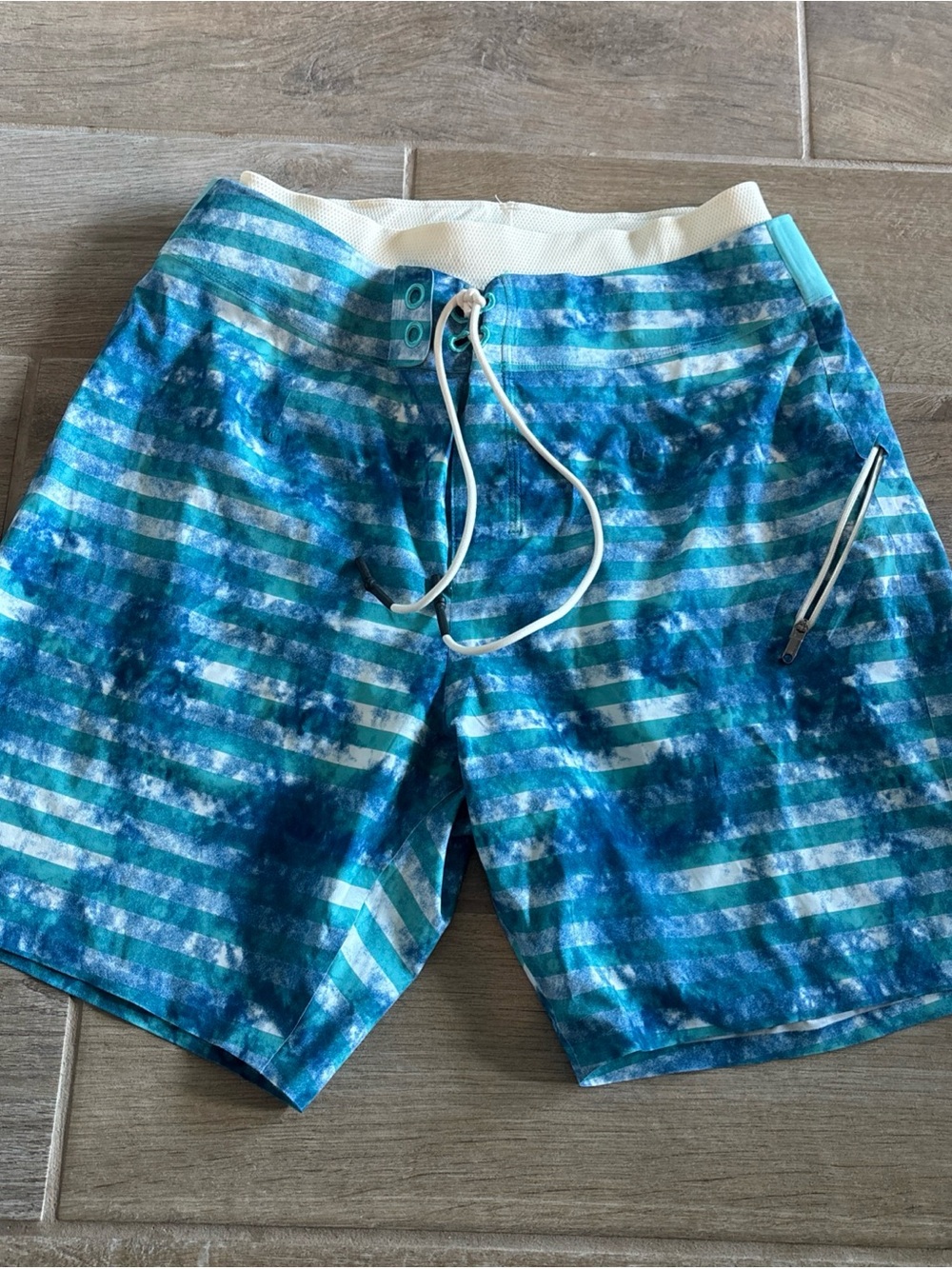 Lululemon - El Current Blue & teal striped lined swim trunks shorts, sz 32